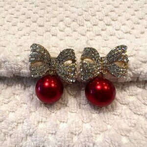 Crystal Bow Earrings With Red Accent in a Gold-Color Setting